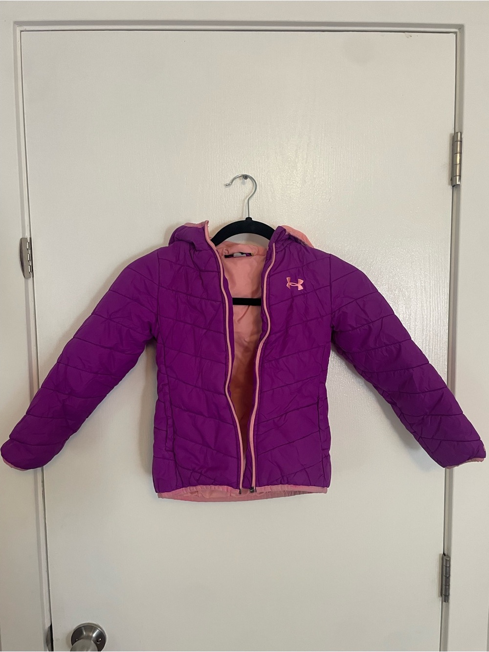 Under Armour Girls' Purple Hooded Puffer with Pink Lining